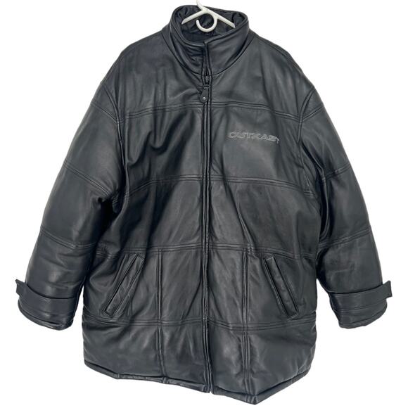 Vintage 90s Y2K Outkast Black Leather Puffer Jacket Men’s XXL - Picture 1 of 6